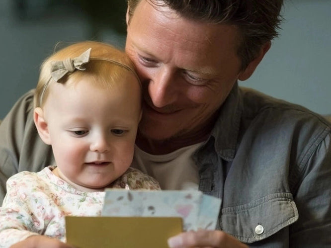  Smiling father sitting on a couch with his young daughter, both looking at a handmade Father’s Day card together, capturing a joyful and heartfelt moment
