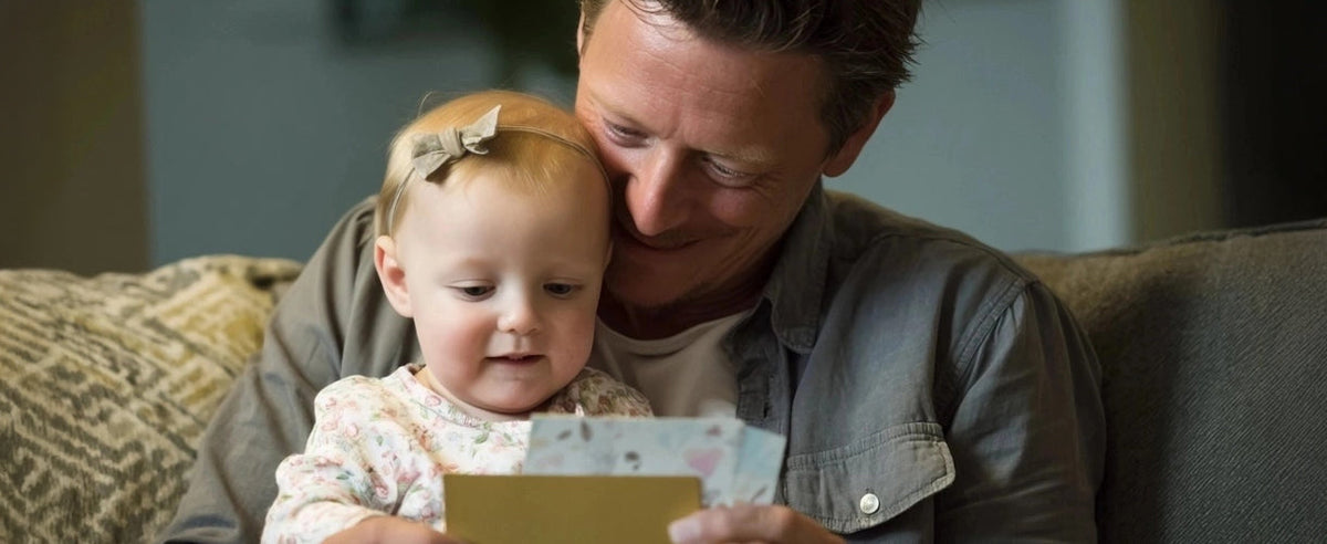  Smiling father sitting on a couch with his young daughter, both looking at a handmade Father’s Day card together, capturing a joyful and heartfelt moment