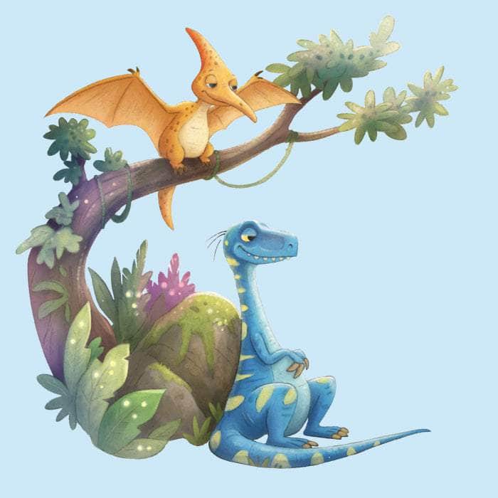 Illustration of two cartoon dinosaurs on a branch with leaves against a light blue background