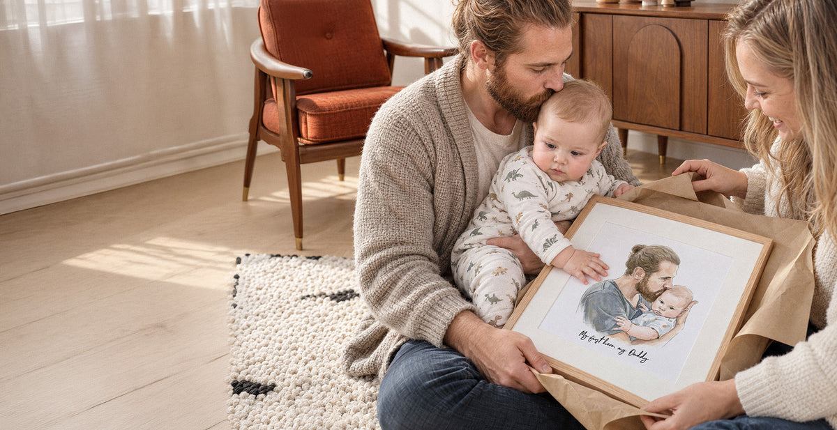 Father holding his baby while the family unwraps a framed portrait of them